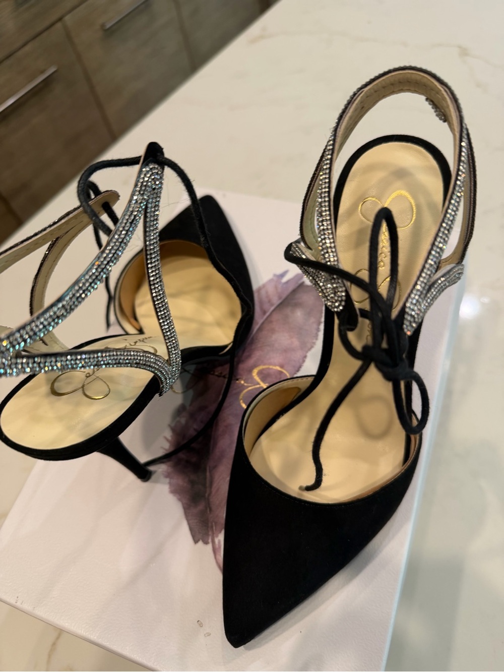 🆕 Jessica Simpson Black Suede Pointed Toe Rhinestone Ankle Tie Heels - Picture 13 of 17